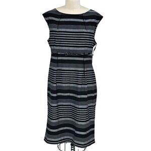 Calvin Klein Black Gray Striped Dress Back Zip Black Belt Size 14 NWT